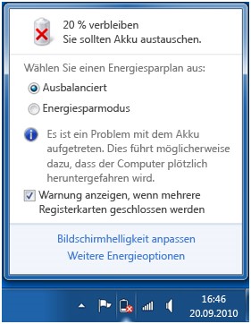 Warnmeldung von Windows 7 zum Akkustatus