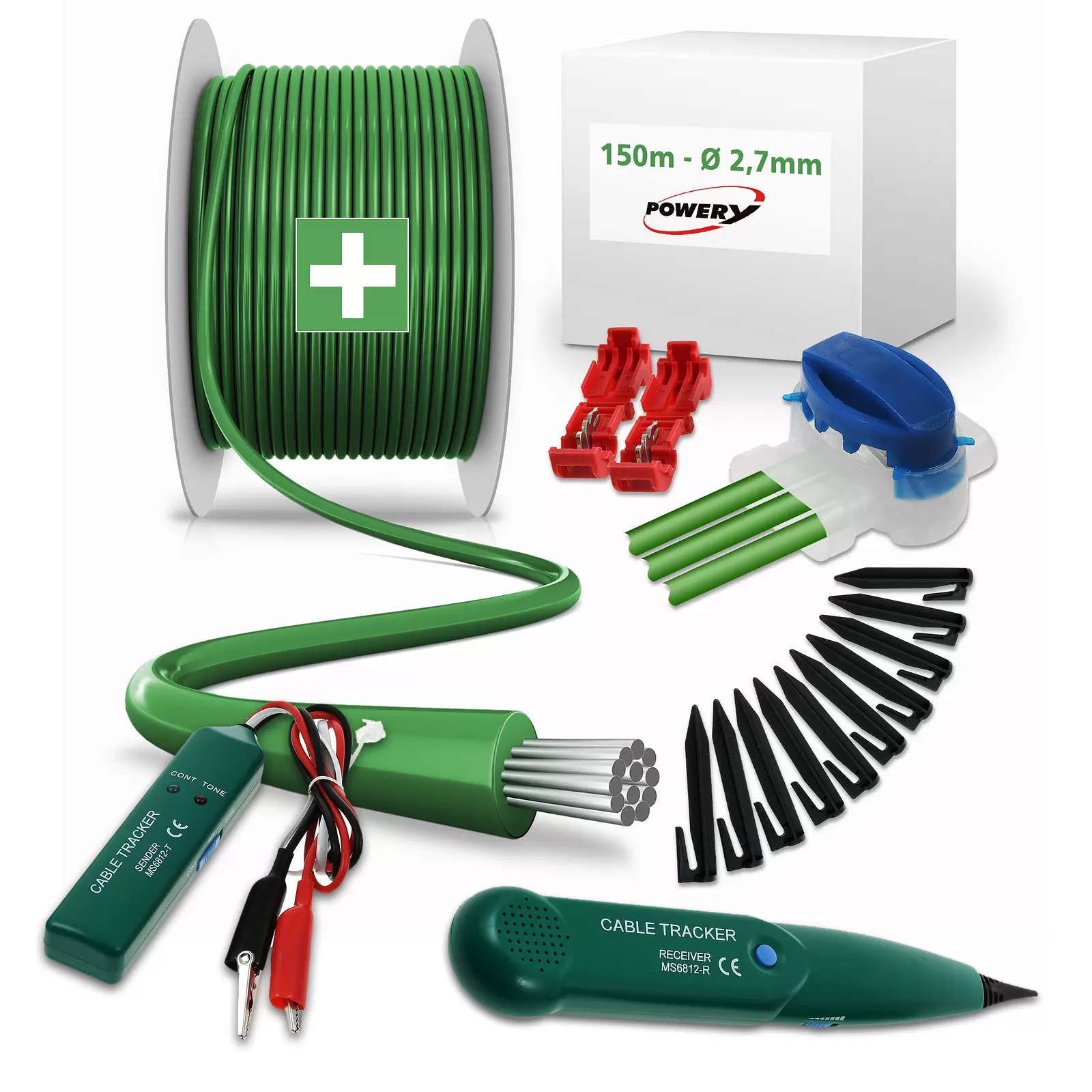 Begrenzungskabel-Reparaturset 150m 2,7mm - mit Kabelbruch-Tracker 200 Haken 10 Verbindern 4 Klemmen Begrenzungskabel-Reparaturset 150m 2,7mm - mit Kabelbruch-Tracker 200 Haken 10 Verbindern 4 Klemmen