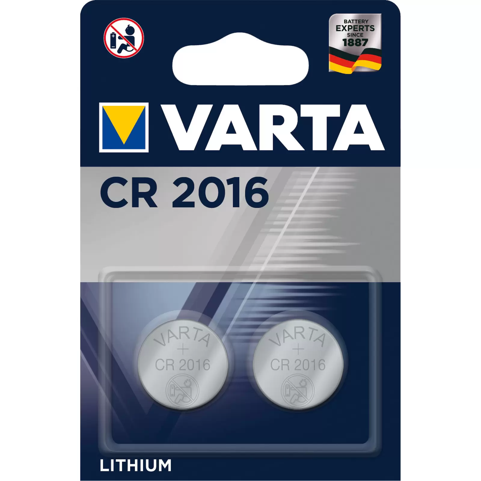 Lithium Knopfzelle, Batterie Varta CR 2016, IEC CR2016, ersetzt auch DL2016, 3V 2er Blister
