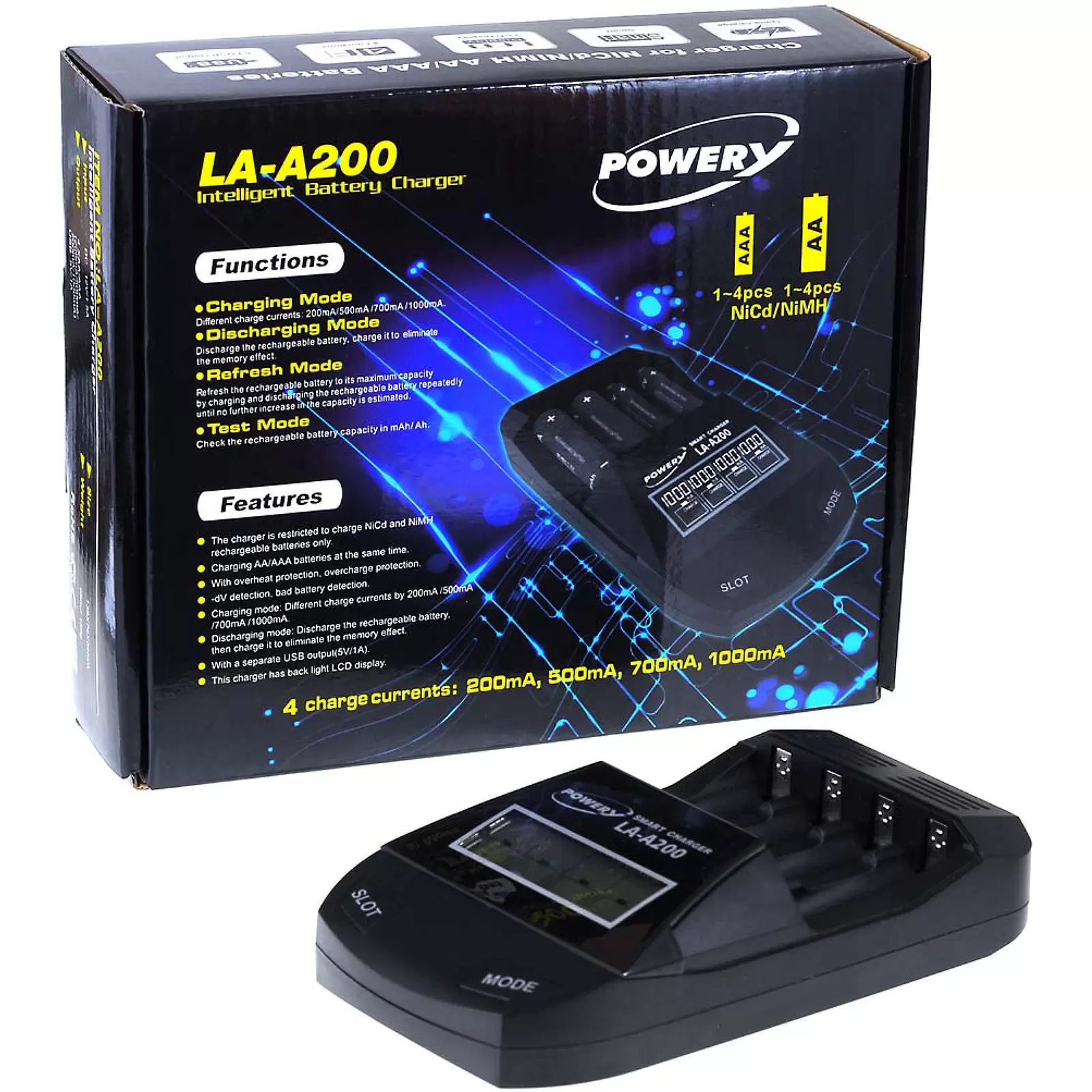 Powery Ladegerät LA-A200 für NiCd / NiMH- AA/AAA Akkus