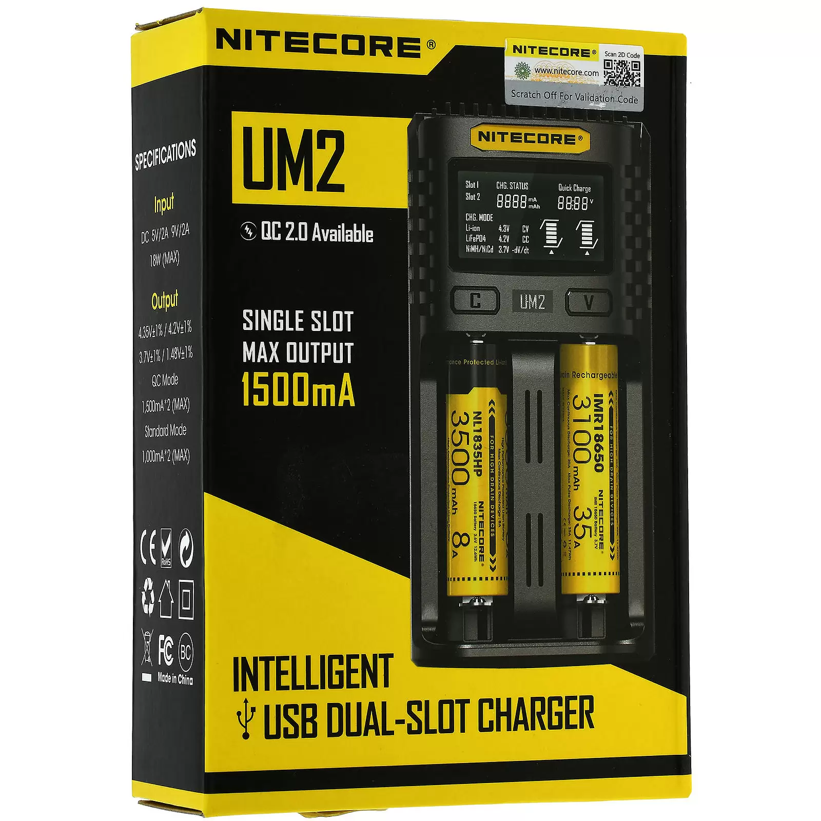 USB-2-Slot-Ladegerät Nitecore UM2 für Li-Ion-, Li-Ion IMR-, NiMH-Akkus (14650,18650,22500)
