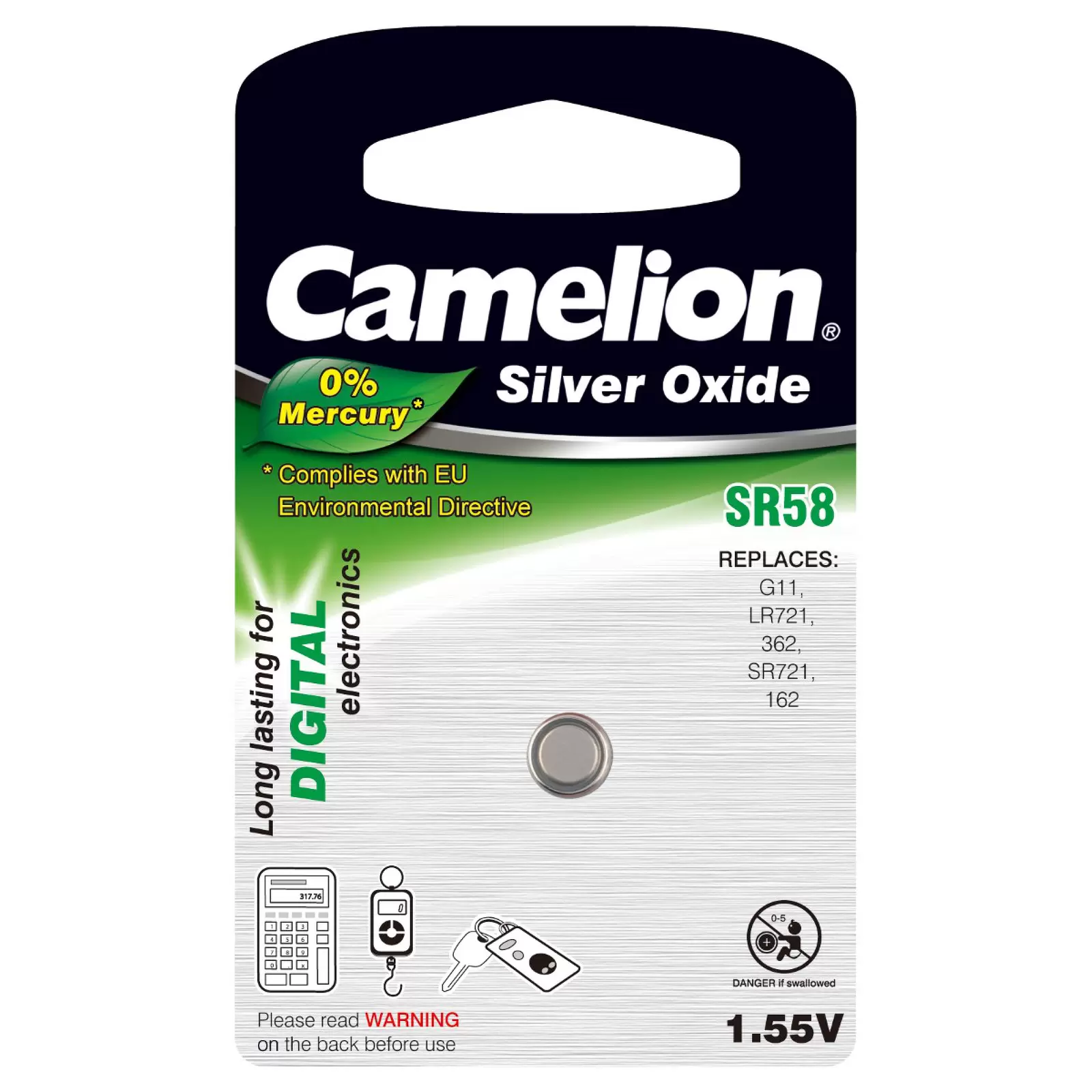 Camelion Silberoxid-Knopfzelle SR58 / SR58W / G11 / LR721 / 362 / SR721 / 162 1er Blister