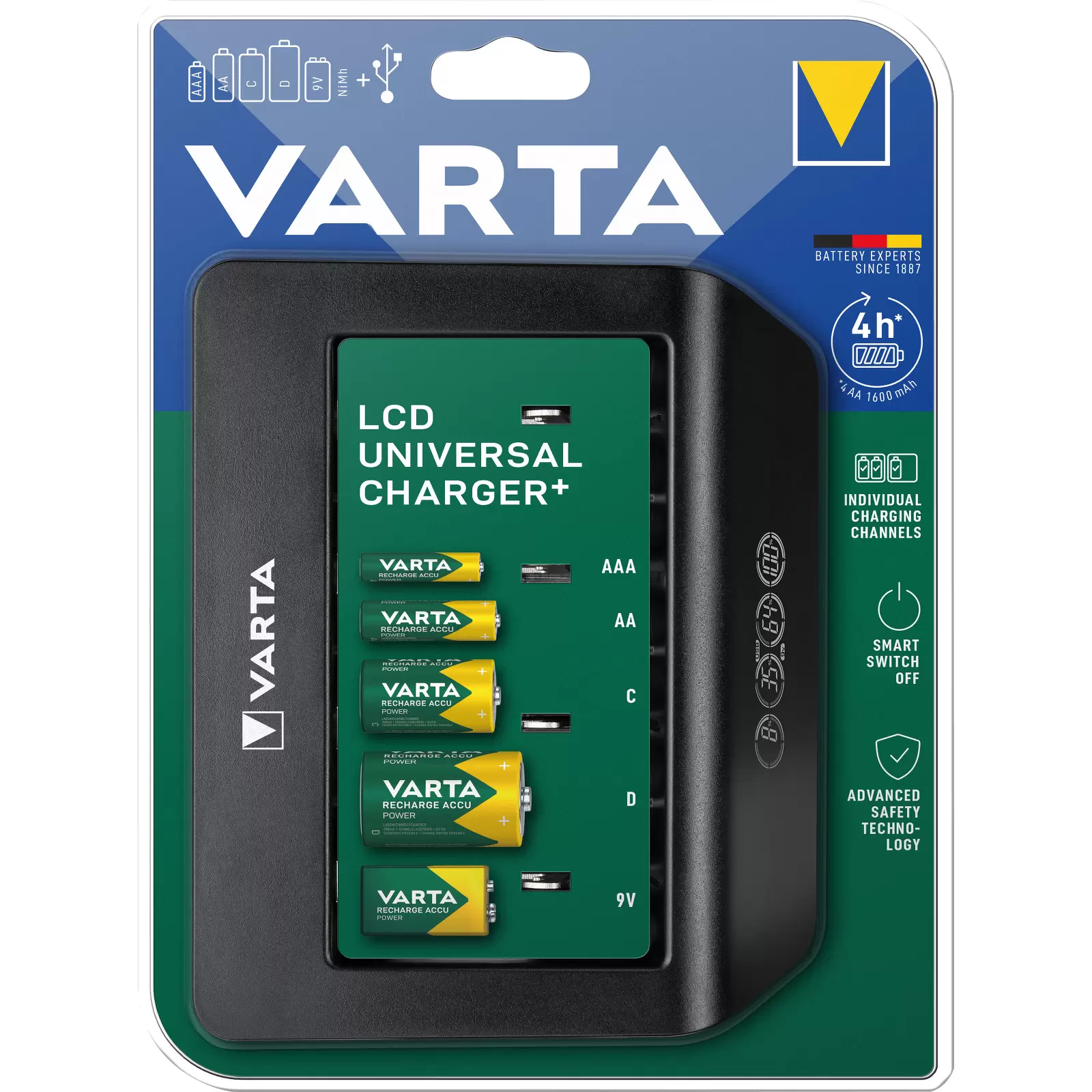 Varta Ladegerät LCD Universal mit USB-Ausgang für AA / AAA / C / D & 9V Akkus