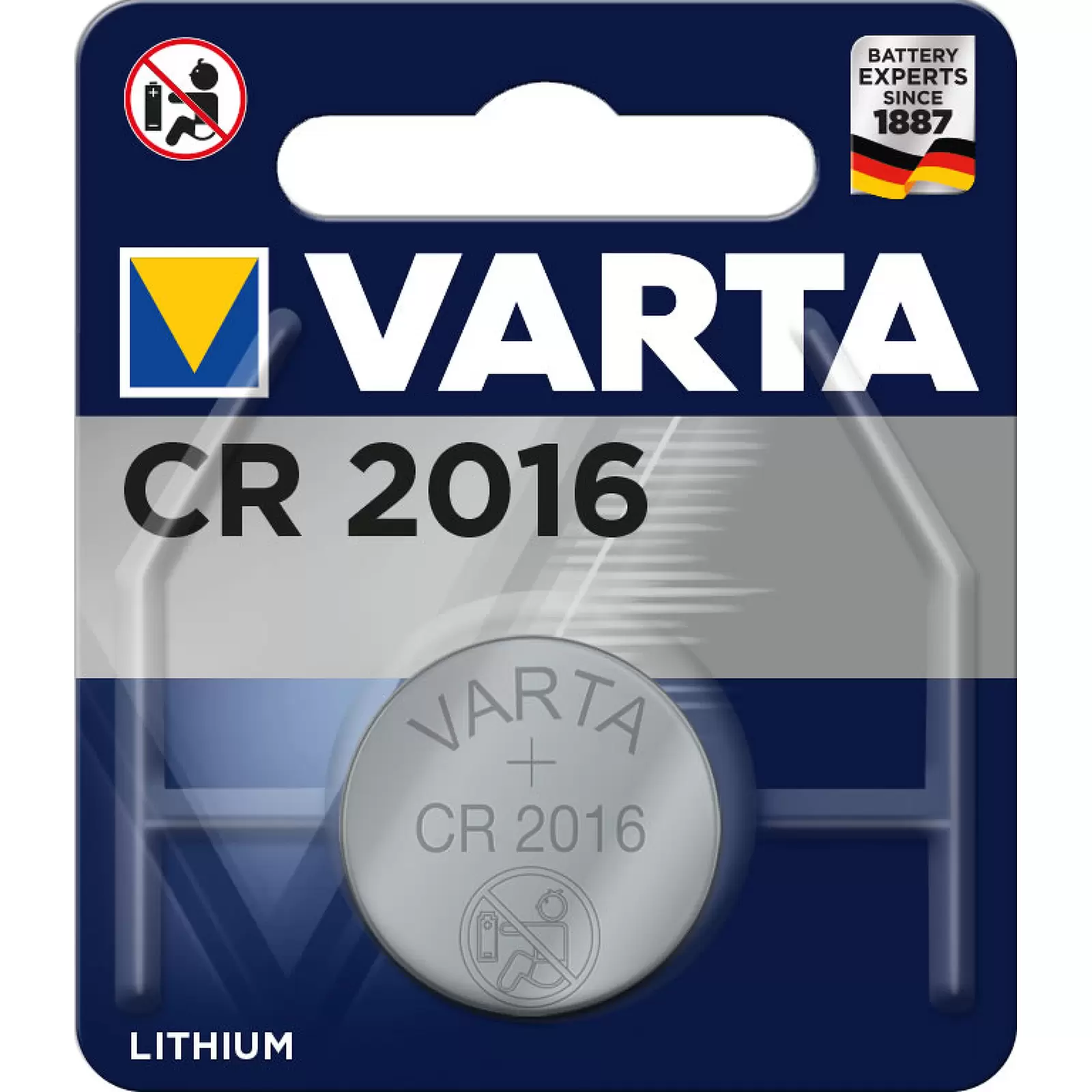 Lithium Knopfzelle, Batterie Varta CR 2016, IEC CR2016, ersetzt auch DL2016, 3V 1er Blister