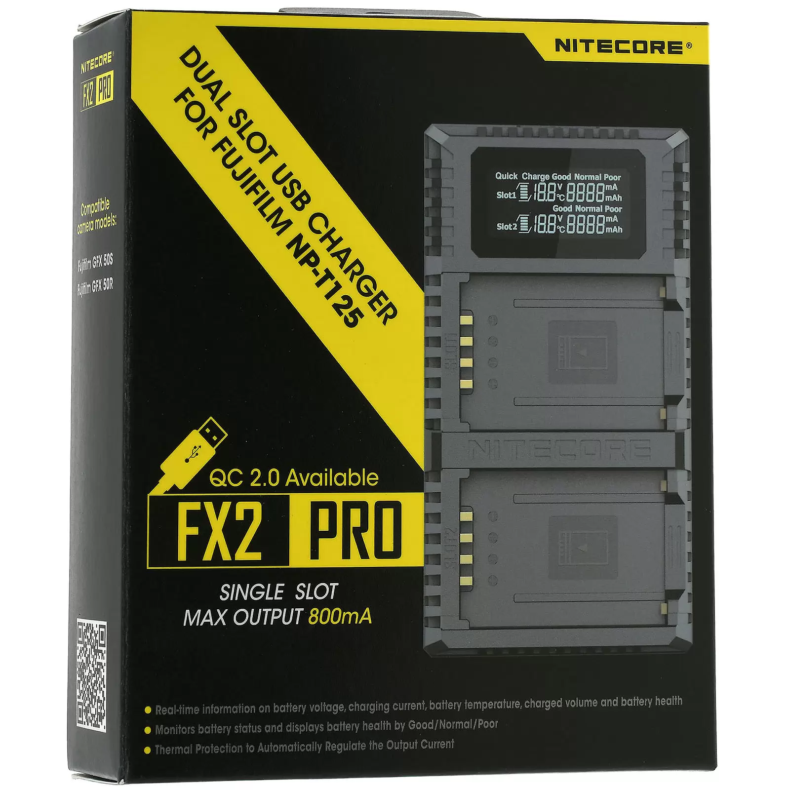 2-fach-USB-Ladegerät Nitecore FX2 PRO für Fuji Kamera-Akkus für GFX 50S, GFX 50R, Typ NP-T125