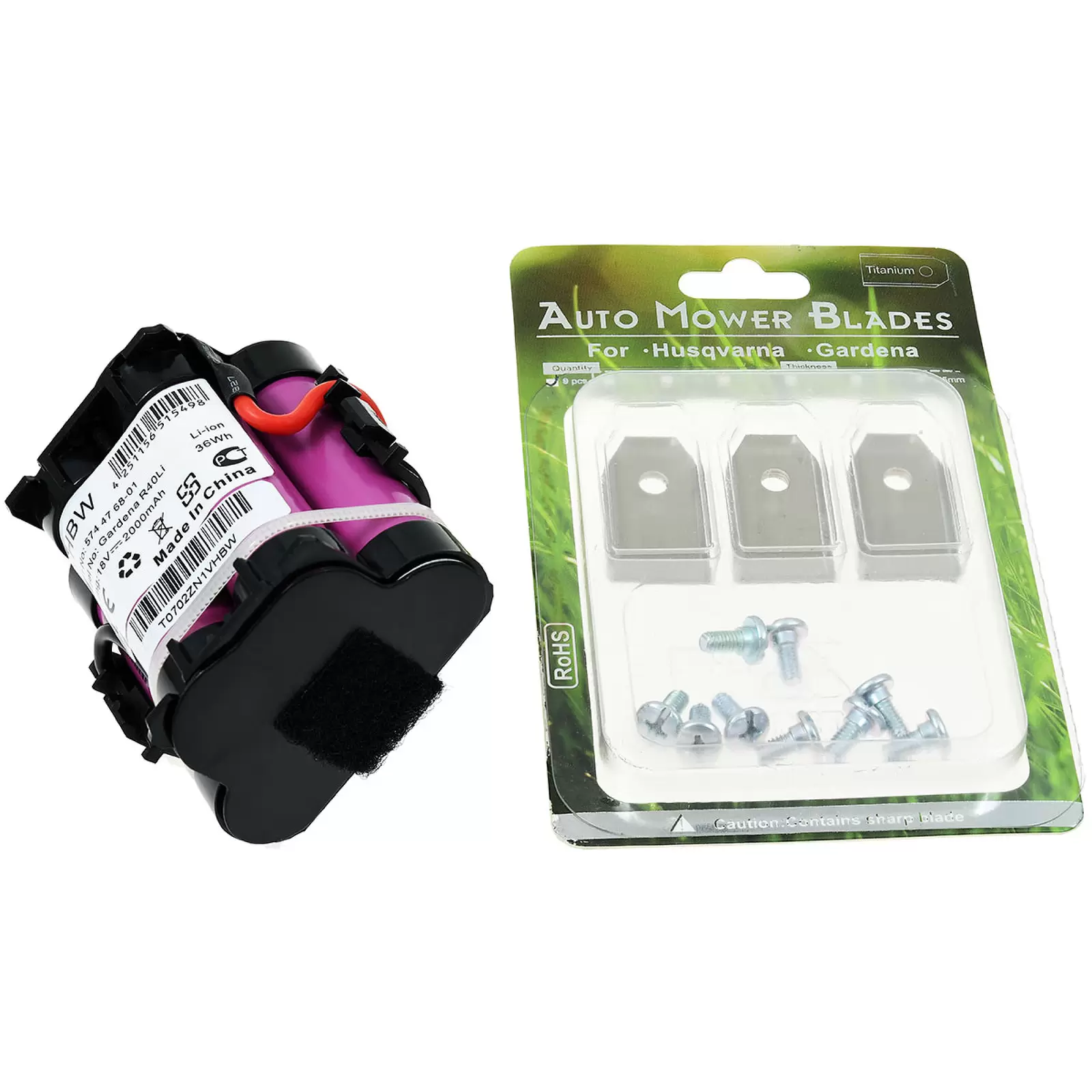 Standardakku für Mähroboter Gardena R40Li/R45Li / R70Li inkl. 9x Ersatz-Messer Standardakku für Mähroboter Gardena R40Li/R45Li / R70Li inkl. 9x Ersatz-Messer