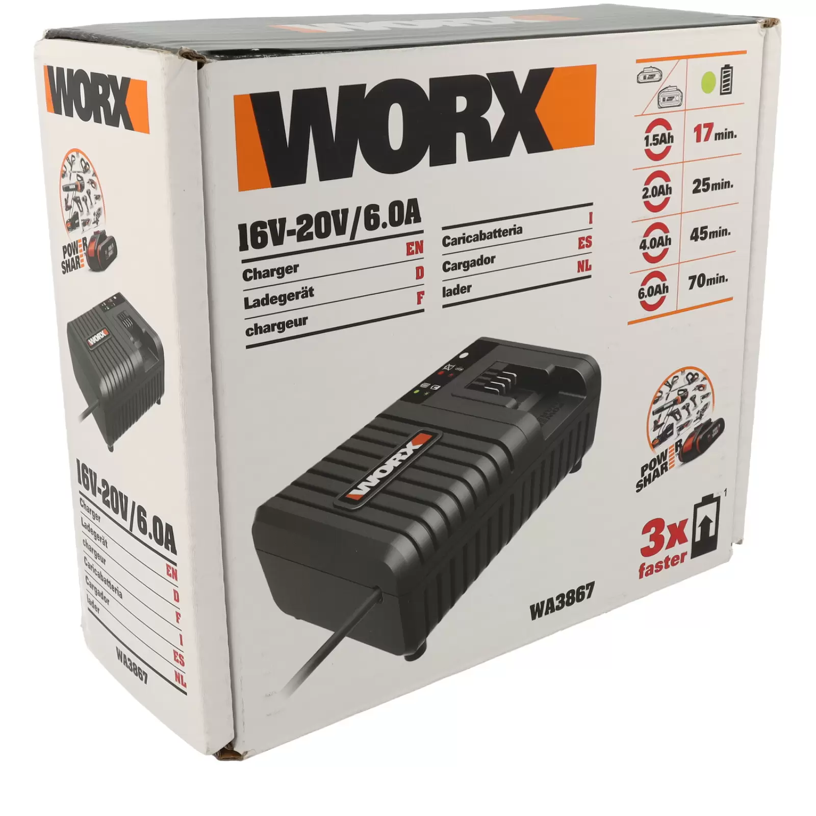 Worx Schnell-Ladegerät WA3867 20V u.a. passend für WG329E.9, WG625E.9, WX1789.9, WX372.9
