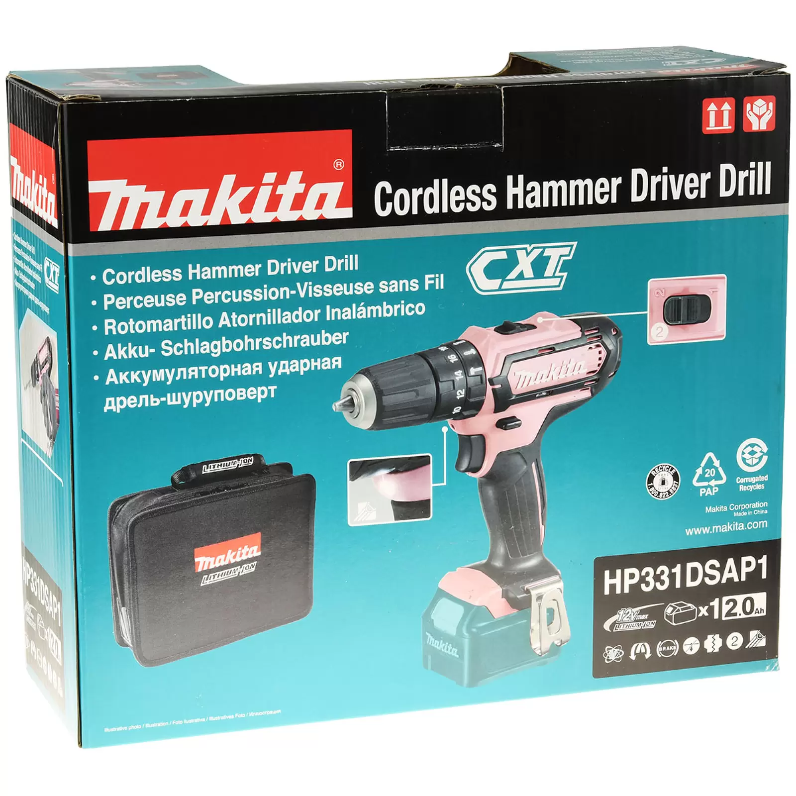 Makita Akku-Schlagbohrschrauber Set HP333DSAP1 Pink 12V, 24W, inkl. Transporttasche und Bits