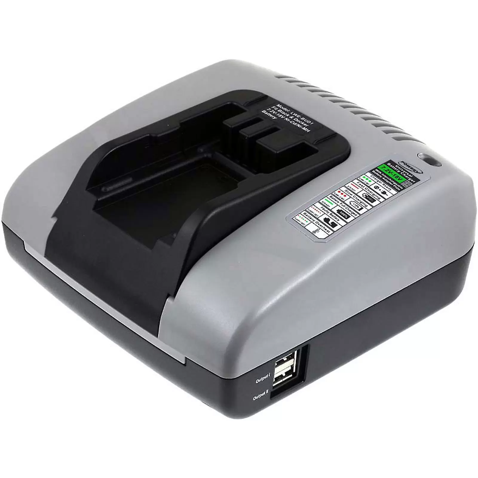 Powery Akku-Ladegerät für Black&Decker NiCd NiMH Blockakkus mit USB Powery Akku-Ladegerät für Black&Decker NiCd NiMH Blockakkus mit USB