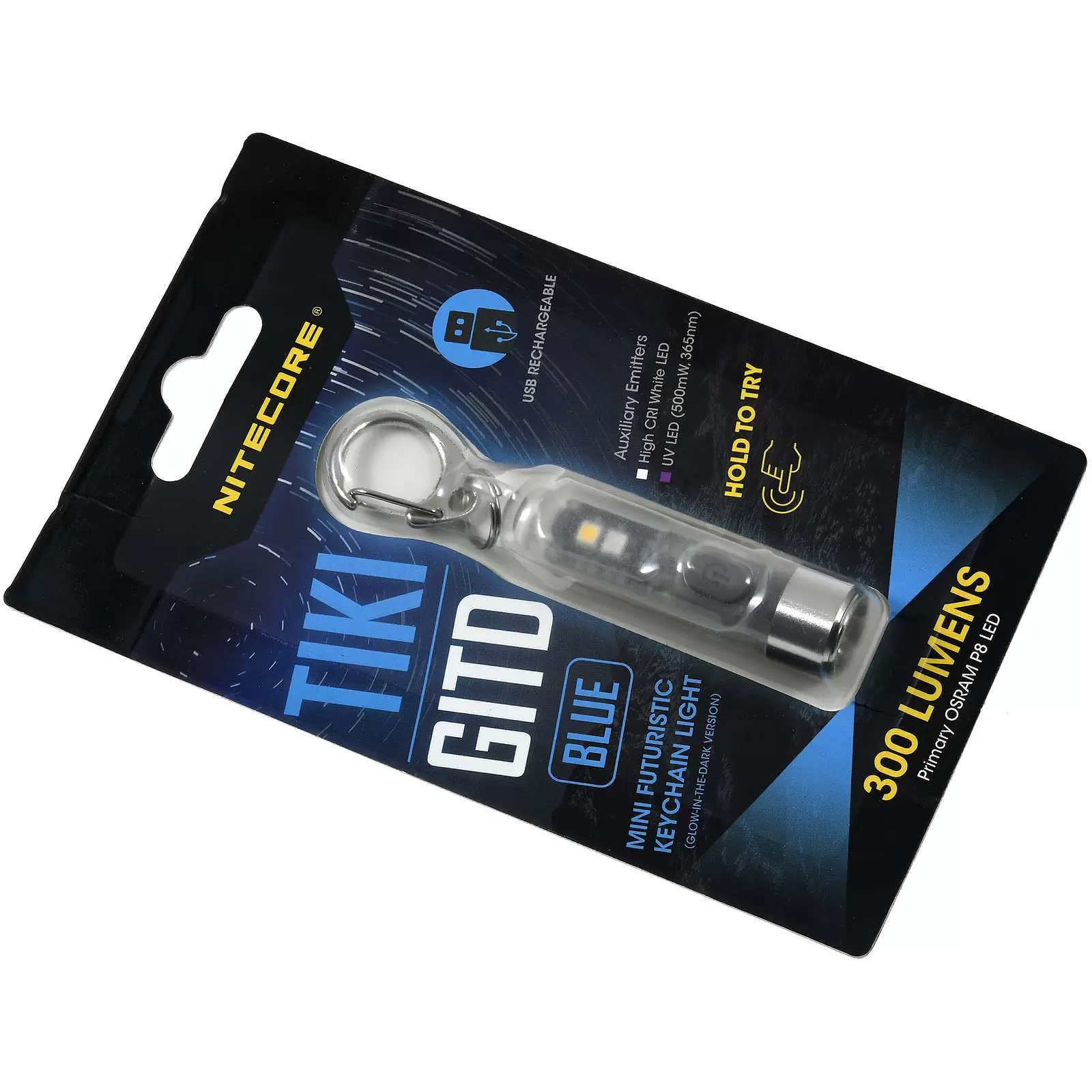 Schlüsselanhänger-Taschenlampe Nitecore TIKI GITD - Glow in the Dark, Blau, mit Micro-USB