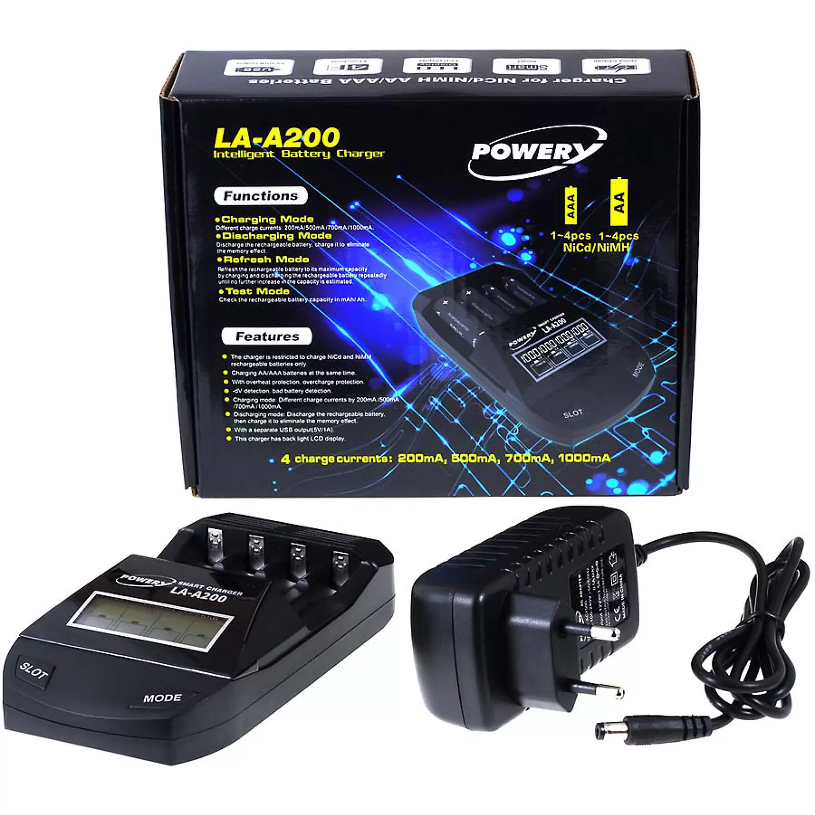 Powery Ladegerät LA-A200 für NiCd / NiMH- AA/AAA Akkus