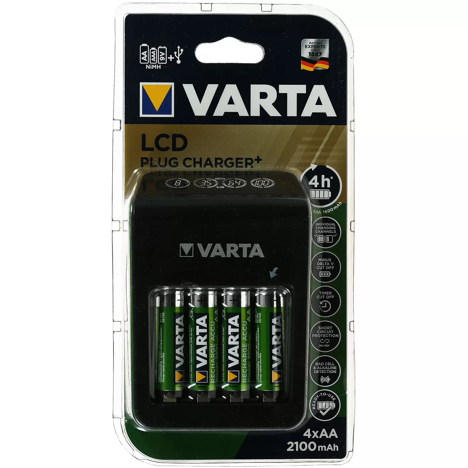 Varta Steckerlader / Ladegerät mit LCD-Anzeige und USB inklusive 4x Varta AA-Akkus R2U 2100mAh Varta Steckerlader / Ladegerät mit LCD-Anzeige und USB inklusive 4x Varta AA-Akkus R2U 2100mAh