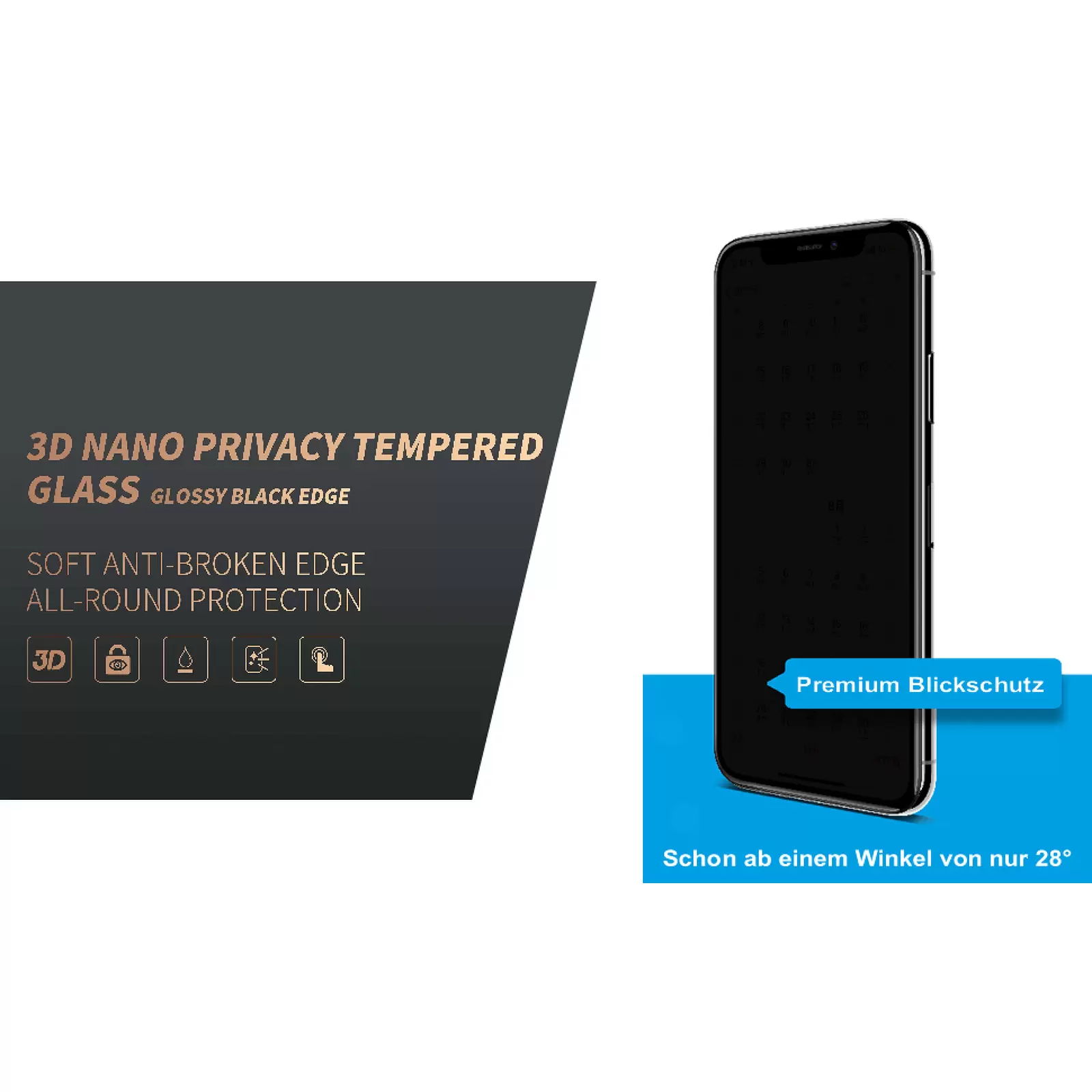 Display-Schutzglas,Blickschutz-Folie,Sichtschutz, Panzerfolie für iPhone X, iPhone XS, iPhone 11 Pro