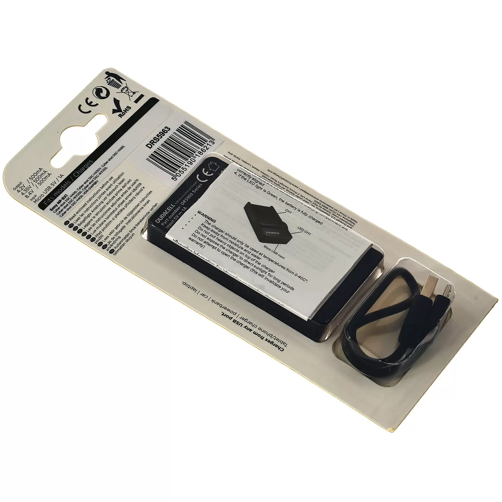 DURACELL Ladegerät mit USB-Kabel, kompatibel mit Sony Akku-Typ DRSBX1, NP-BX1
