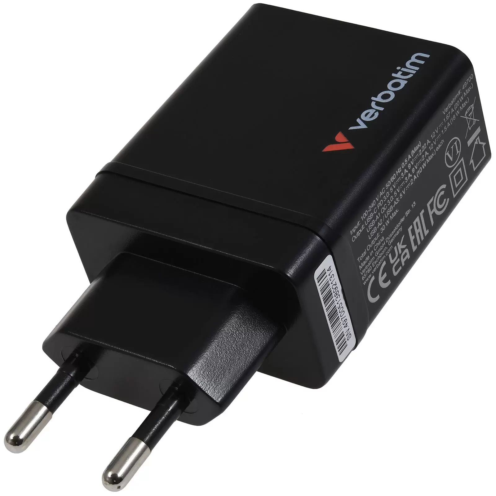 Verbatim Ladeadapter CHR-30EU1 30W GaN schwarz 2x USB-A 1x USB-A QC 1x USB-C PD Retail Verbatim Ladeadapter CHR-30EU1 30W GaN schwarz 2x USB-A 1x USB-A QC 1x USB-C PD Retail