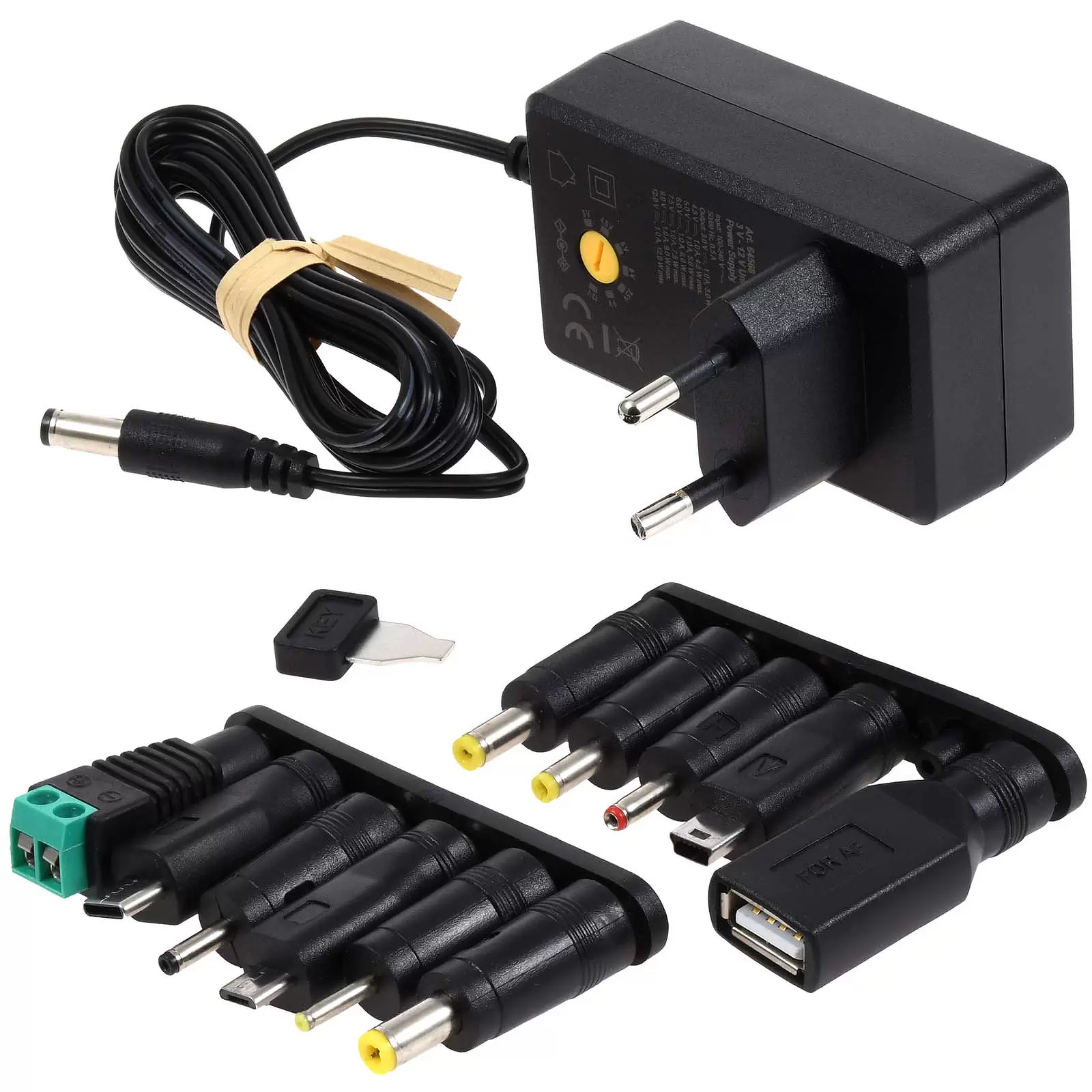 Universal-Netzteil inkl. 1 USB-C, USB-A, Micro-US B, Mini-USB- und 7 DC Adapter 3V-12V max. 12W