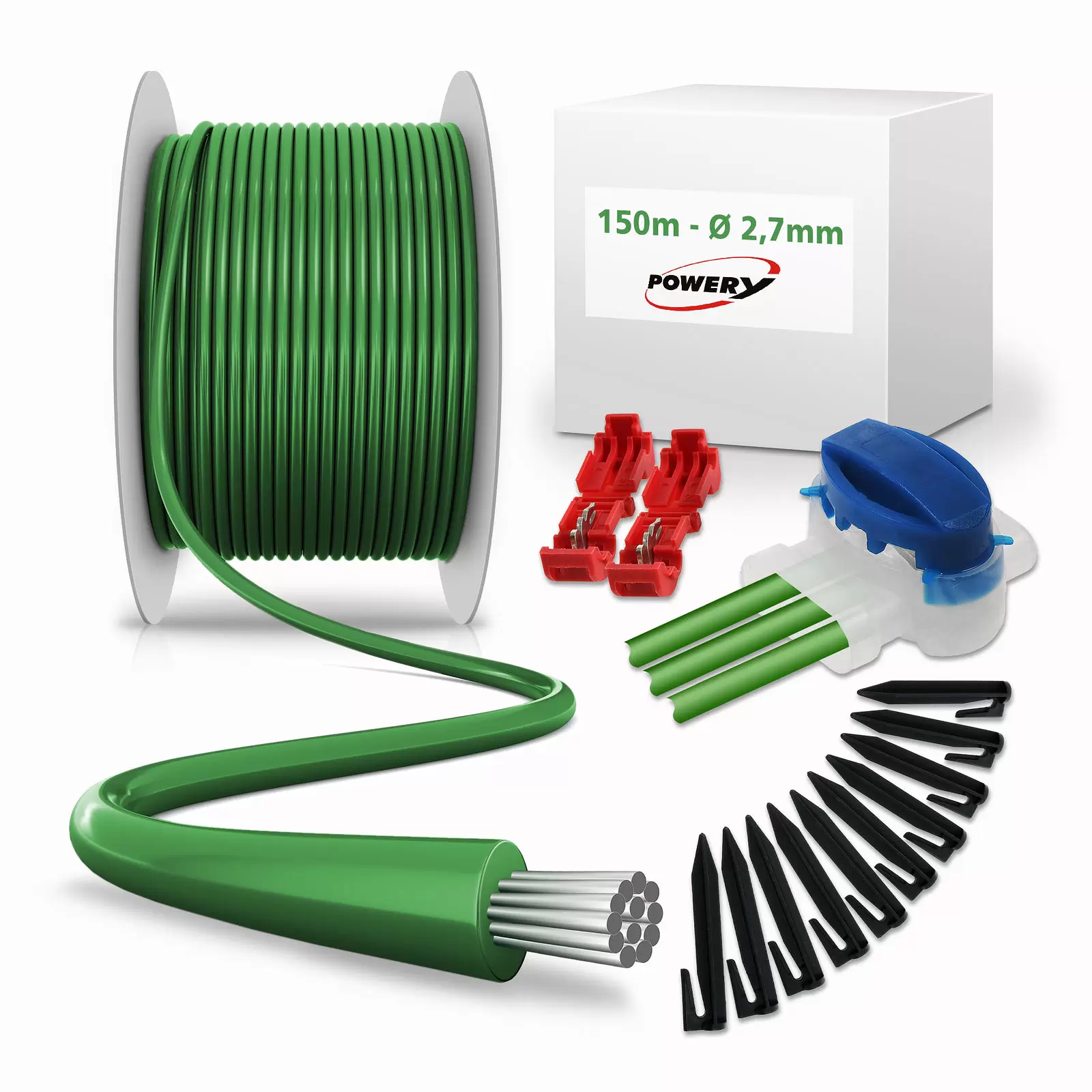 Reparatur-Set mit 150m Begrenzungskabel 2,7mm, 200 Haken, 10 Verbinder, 4 Klemmen für Mähroboter Reparatur-Set mit 150m Begrenzungskabel 2,7mm, 200 Haken, 10 Verbinder, 4 Klemmen für Mähroboter