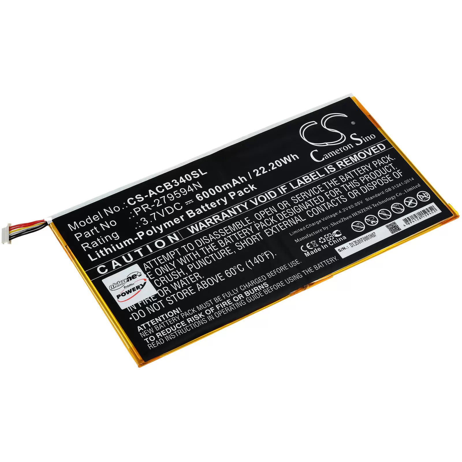 Akku passend für Tablet Acer Iconia One 10 B3-A40, Typ PR-279594N(1ICP3/95/94-2) mit 6-Pin Stecker